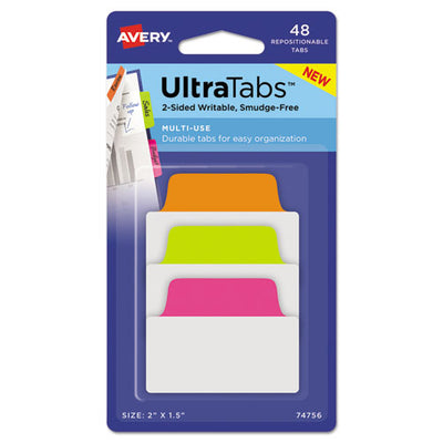 Ultra Tabs Repositionable Tabs, Standard: 2" X 1.5", 1/5-cut, Assorted Neon Colors, 48/pack