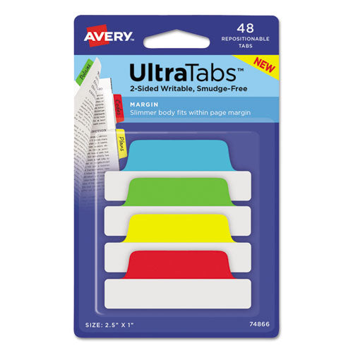 Ultra Tabs Repositionable Tabs, Margin Tabs: 2.5" X 1", 1/5-cut, Assorted Pastel Colors, 48/pack