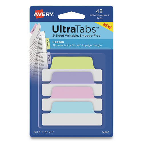 Ultra Tabs Repositionable Tabs, Margin Tabs: 2.5" X 1", 1/5-cut, Assorted Pastel Colors, 48/pack