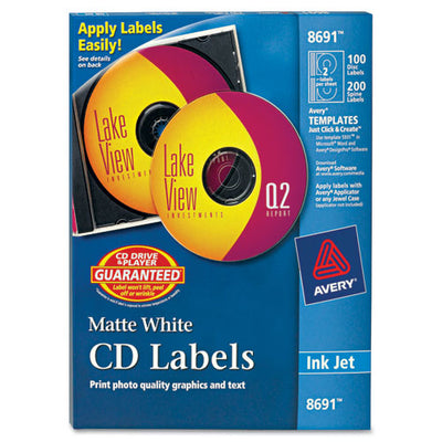 Inkjet Cd Labels, Matte White, 100/pack