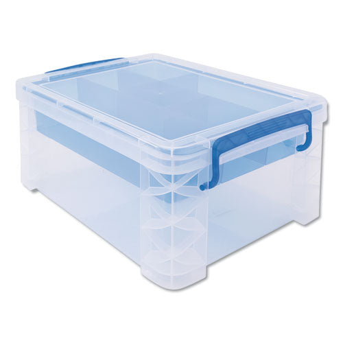 Super Stacker Divided Storage Box, 6 Sections, 10.38" X 14.25" X 6.5", Clear/blue