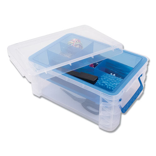 Super Stacker Divided Storage Box, 6 Sections, 10.38" X 14.25" X 6.5", Clear/blue