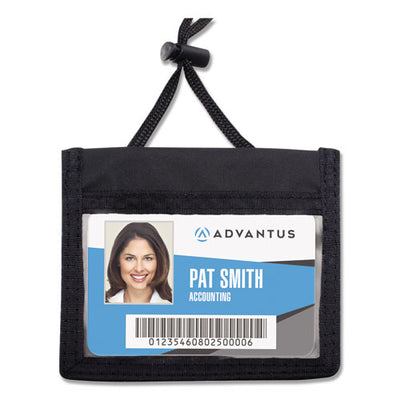 Id Badge Holders With Convention Neck Pouch, Horizontal, Black/clear 5" X 4.25" Holder, 2.75" X 4" Insert, 48" Cord, 12/pack