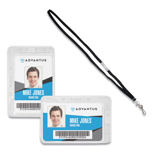 Antimicrobial Id Security Badge Lanyard Combo, Horizontal, Clear 4.13" X 2.88" Holder, 3.5" X 2.25" Insert, 36" Cord, 20/pack