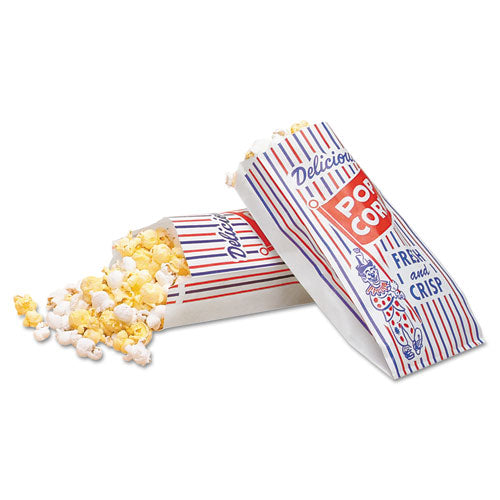 Pinch-bottom Paper Popcorn Bag, 4 X 1.5 X 8, Blue/red/white, Paper, 1,000/carton