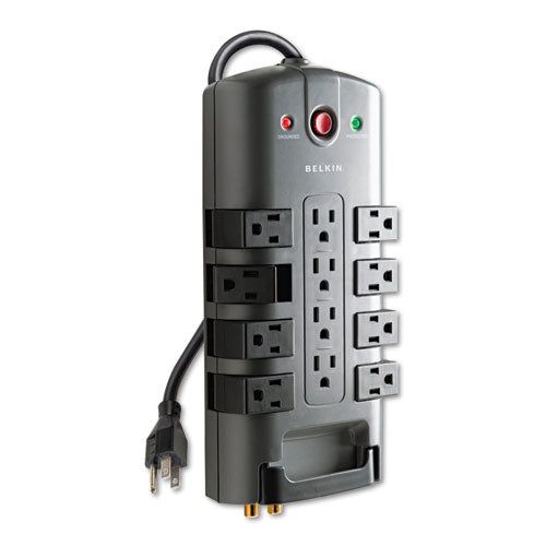 Pivot Plug Surge Protector, 12 Ac Outlets, 8 Ft Cord, 4,320 J, Gray