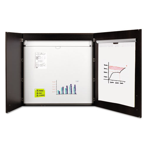 Conference Cabinet, Porcelain Magnetic Dry Erase Board, 48 X 48, White Surface, Ebony Wood Frame