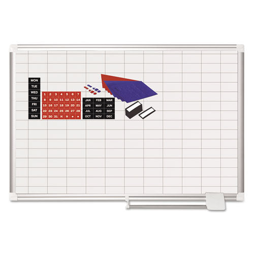 Gridded Magnetic Steel Dry Erase Planning Board With Accessories, 1 X 2 Grid, 36 X 24, White Surface, Silver Aluminum Frame