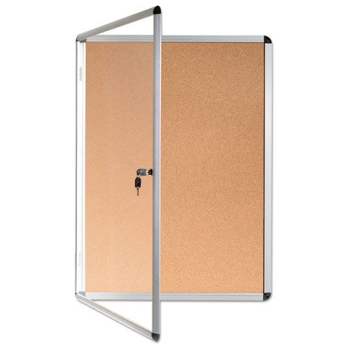 Slim-line Enclosed Cork Bulletin Board, One Door, 28 X 38, Cork Surface, Aluminum Frame