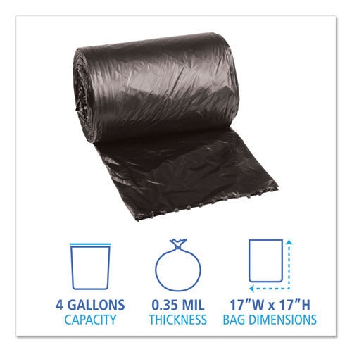 Low-density Waste Can Liners, 4 Gal, 0.35 Mil, 17" X 17", Black, 50 Bags/roll, 20 Rolls/carton