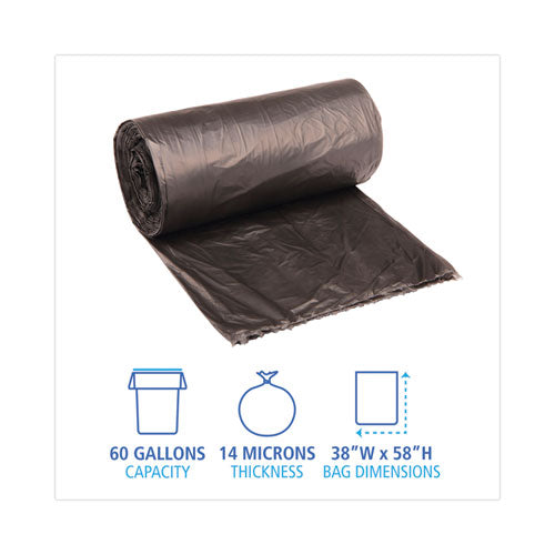 High-density Can Liners, 60 Gal, 14 Microns, 38" X 58", Black, 25 Bags/roll, 8 Rolls/carton