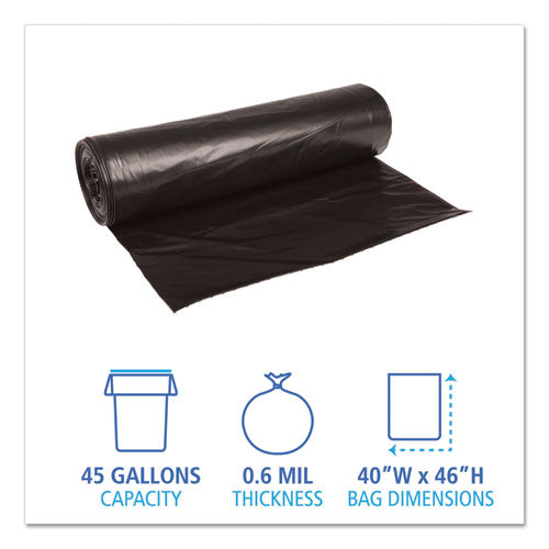 Low-density Waste Can Liners, 45 Gal, 0.6 Mil, 40" X 46", Black, 25 Bags/roll, 4 Rolls/carton