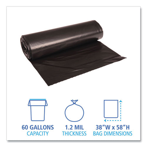 Low Density Repro Can Liners, 60 Gal, 1.2 Mil, 38" X 58", Black, 10 Bags/roll, 10 Rolls/carton