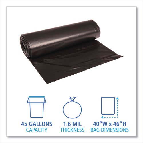 Low Density Repro Can Liners, 45 Gal, 1.6 Mil, 40" X 46", Black, 10 Bags/roll, 10 Rolls/carton