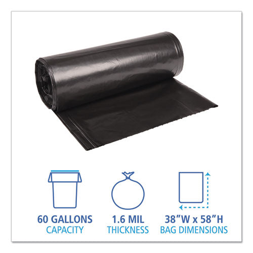 Low Density Repro Can Liners, 60 Gal, 1.6 Mil, 38" X 58", Black, 10 Bags/roll, 10 Rolls/carton