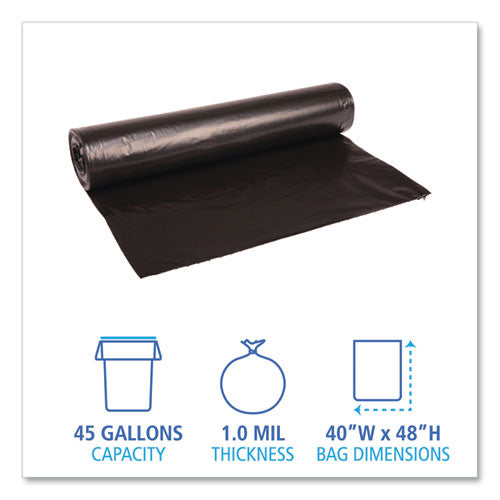 Low Density Repro Can Liners, 45 Gal, 1 Mil, 40" X 48", Black, 10 Bags/roll, 10 Rolls/carton
