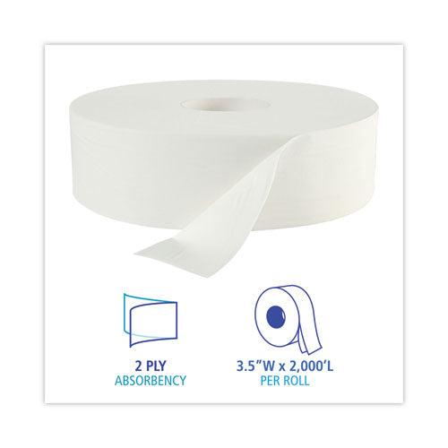 Jrt Bath Tissue, Jumbo, Septic Safe, 2-ply, White, 3.5" X 2,000 Ft, 6 Rolls/carton