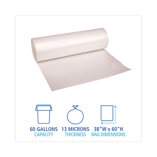 High Density Industrial Can Liners Coreless Rolls, 60 Gal, 13 Microns, 38 X 60, Natural, 25 Bags/roll, 8 Rolls/carton