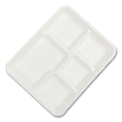 Bagasse Pfas-free Food Tray, 5-compartment, 8.26 X 0.98 X 10.9, White, Bamboo/sugarcane, 500/carton