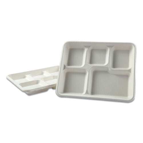 Bagasse Dinnerware, 5-compartment Tray, 10 X 8, White, 500/carton