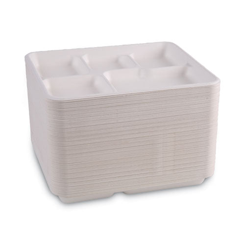 Bagasse Dinnerware, 5-compartment Tray, 10 X 8, White, 500/carton