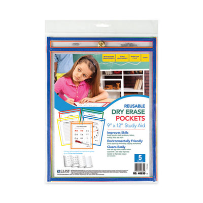 Reusable Dry Erase Pockets, 9 X 12, Assorted Primary Colors, 5/pack