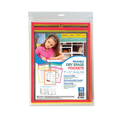 Reusable Dry Erase Pockets, 9 X 12, Assorted Neon Colors, 10/pack