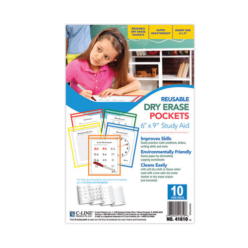 Reusable Dry Erase Pockets, 6 X 9, Assorted Primary Colors, 10/pack