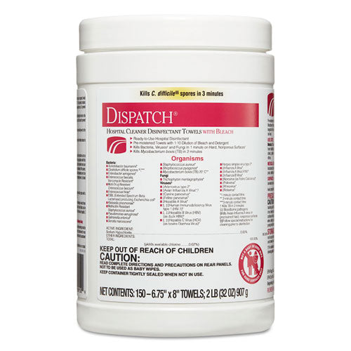 Dispatch Cleaner Disinfectant Towels, 6.75 X 8, 150/canister