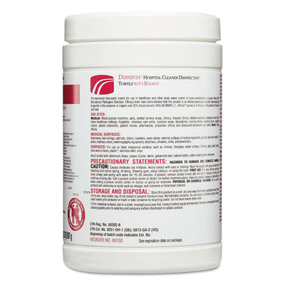 Dispatch Cleaner Disinfectant Towels, 6.75 X 8, Unscented, 150/canister, 8 Canisters/carton