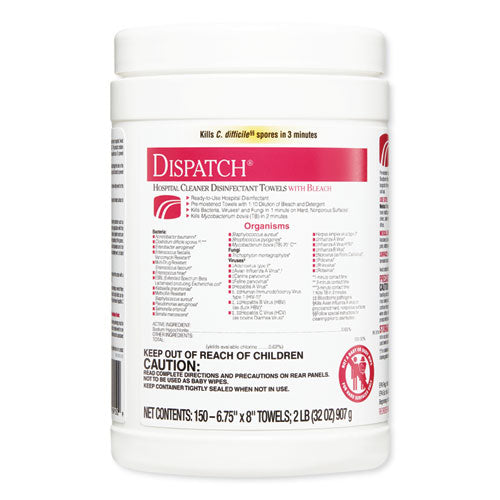 Dispatch Cleaner Disinfectant Towels, 6.75 X 8, Unscented, 150/canister, 8 Canisters/carton