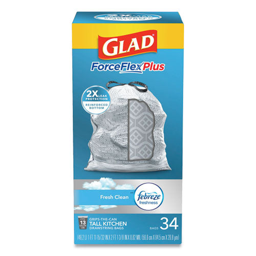 Forceflexplus Odorshield Tall Kitchen Drawstring Trash Bags, 13 Gal, 0.9 Mil, 24" X 28", White, 34 Bags/box, 6 Boxes/carton