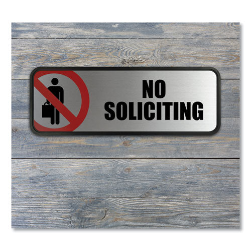 Brushed Metal Office Sign, No Soliciting, 9 X 3, Silver/red
