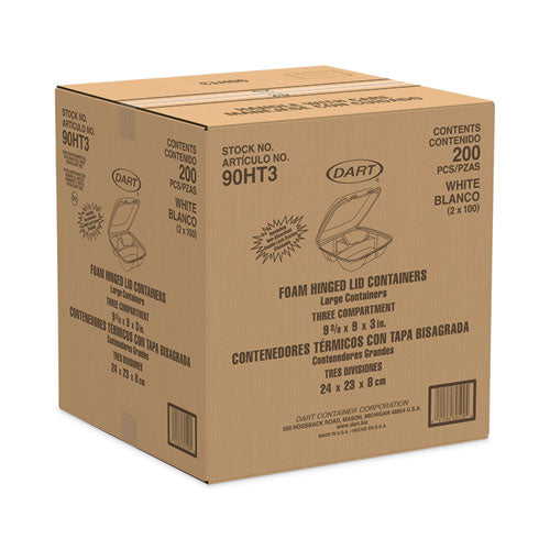 Insulated Foam Hinged Lid Containers, 3-compartment, 9 X 9.4 X 3, White, 200/pack, 2 Packs/carton