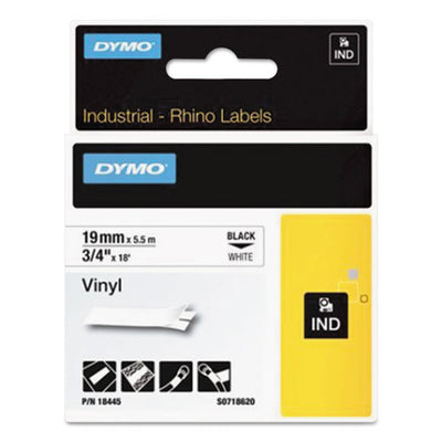 Rhino Permanent Vinyl Industrial Label Tape, 0.75" X 18 Ft, White/black Print