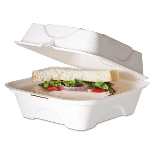 Bagasse Hinged Clamshell Containers, 6 X 6 X 3, White, Sugarcane, 50/pack, 10 Packs/carton