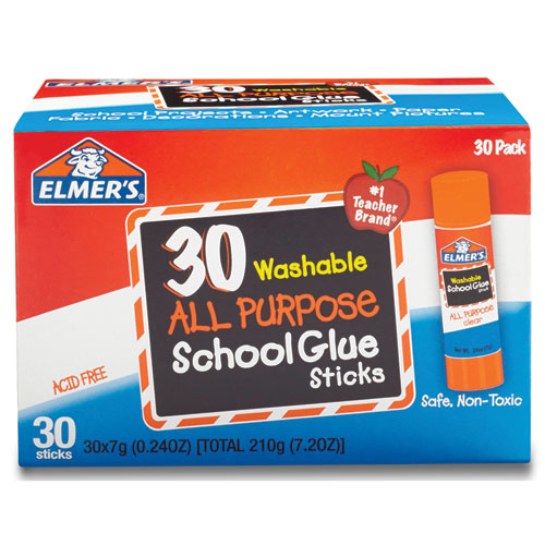 Washable School Glue Sticks, 0.77 Oz, Applies White Snd Dries Clear, 30/box