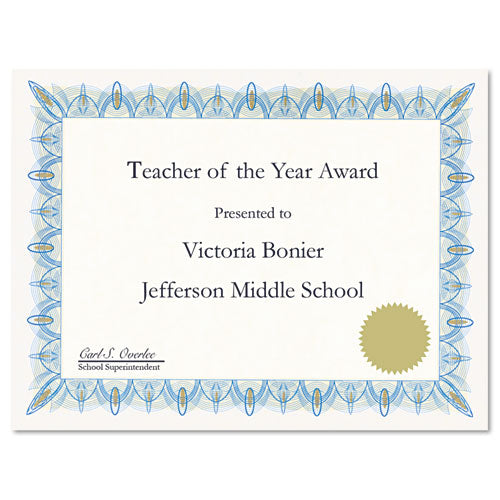 Award Certificates With Gold Seals, 8.5 X 11, Unique Blue With White Border, 25/pack