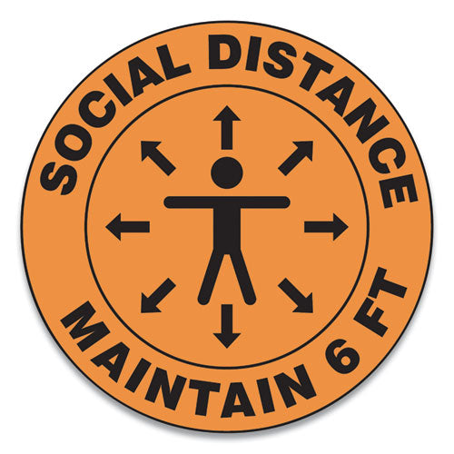 Slip-gard Social Distance Floor Signs, 17" Circle, "social Distance Maintain 6 Ft", Footprint, Orange, 25/pack