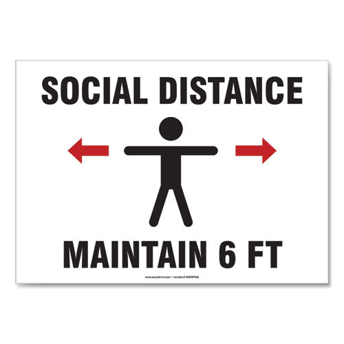 Social Distance Signs, Wall, 14 X 10, "social Distance Maintain 6 Ft", 3 Humans/arrows, White, 10/pack