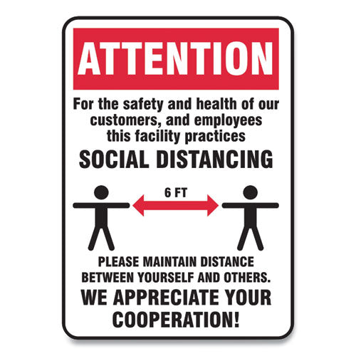 Social Distance Signs, Wall, 10 X 14, Customers And Employees Distancing, Humans/arrows, Red/white, 10/pack