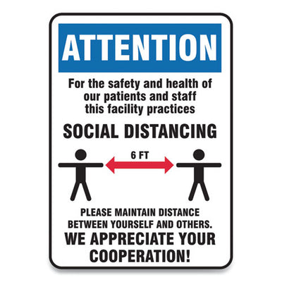 Social Distance Signs, Wall, 10 X 14, Patients And Staff Social Distancing, Humans/arrows, Blue/white, 10/pack