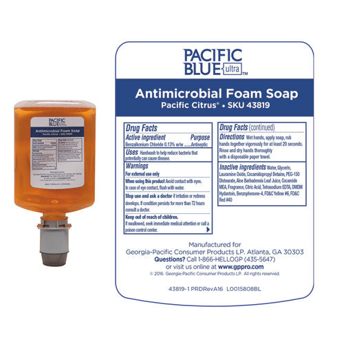 Pacific Blue Ultra Foam Soap Manual Dispenser Refill, Antimicrobial, Pacific Citrus, 1,200 Ml, 4/carton