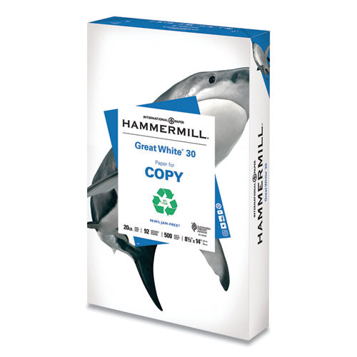 Great White 30 Recycled Print Paper, 92 Bright, 20 Lb Bond Weight, 8.5 X 14, White, 500/ream