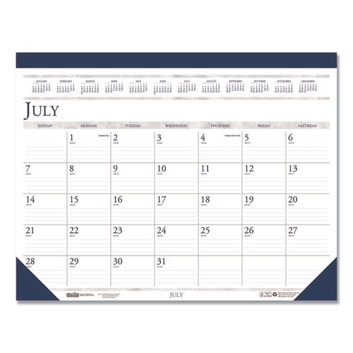 Recycled Academic Desk Pad Calendar, 18.5 X 13, White/blue Sheets, Blue Binding/corners, 14-month (july To Aug): 2022 To 2023