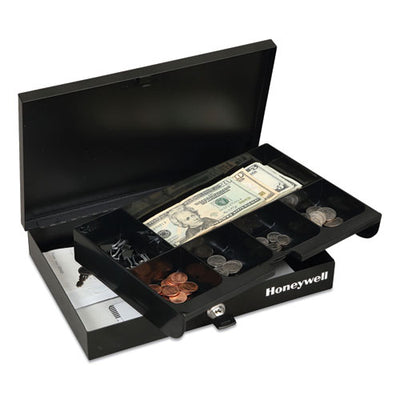 Low Profile Cash Box,1 Bill, 5 Coin Slots, Key Lock, 11.6 X 8 X 1.9, Steel, Black