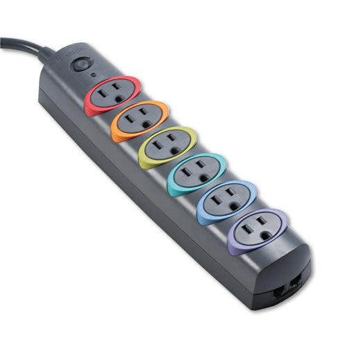 Smartsockets Color-coded Strip Surge Protector, 6 Ac Outlets, 6 Ft Cord, 670 J, Black
