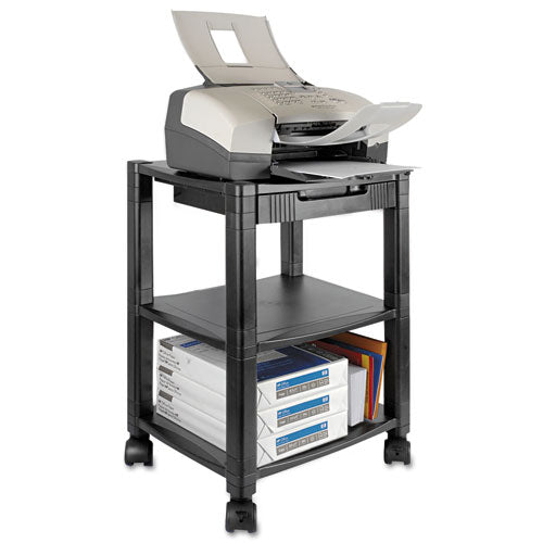 Height-adjustable Deskside Printer Cart, Plastic, 3 Shelves, 1 Drawer, 60 Lb Capacity, 20" X 13.25" X 24.5", Black