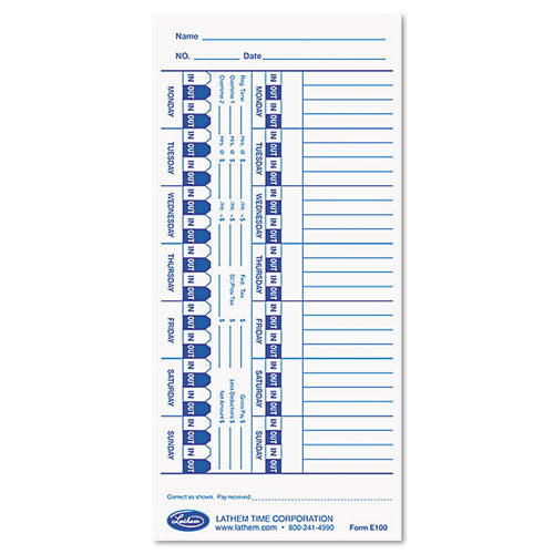 Time Clock Cards For Lathem Time 800p, One Side, 4 X 9, 100/pack