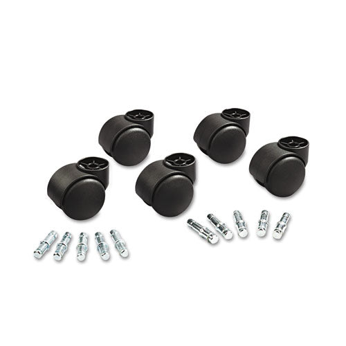 Deluxe Duet Casters, Grip Ring Type B And Type K Stems, 2" Hard Nylon Wheel, Matte Black, 5/set